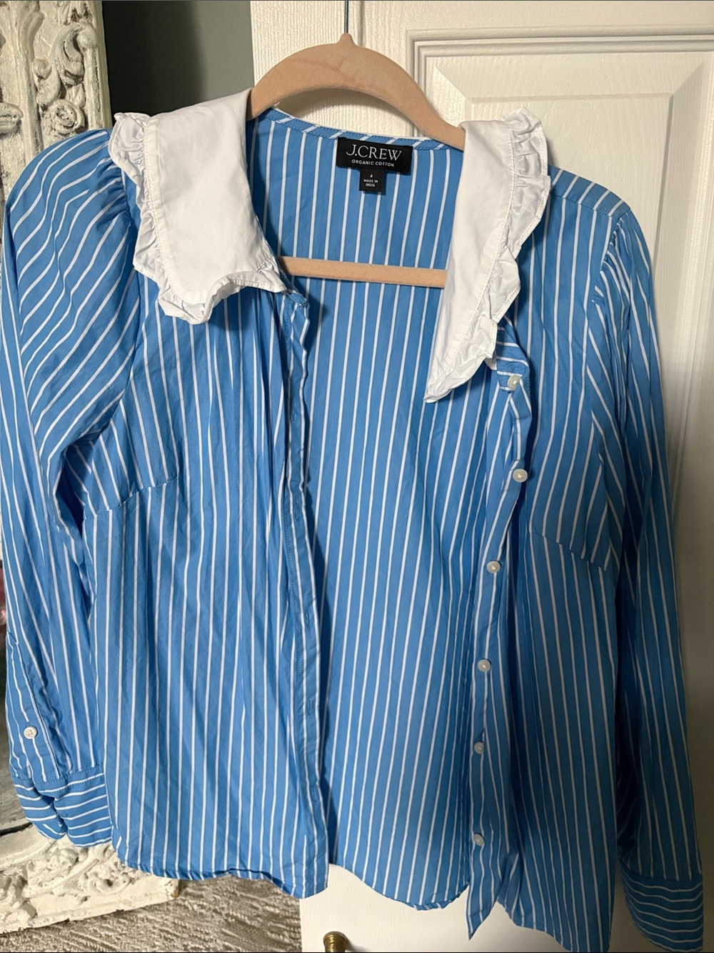 J. Crew Blue and White Striped Ruffle-Collar Button Blouse